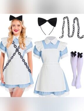 5 Pcs Halloween Grunge Band Costume Wonderland in Chains Costume Blue Maid Dress